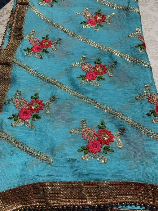 Flower Embroidery & Sequence Chunni - Blue - Image 3