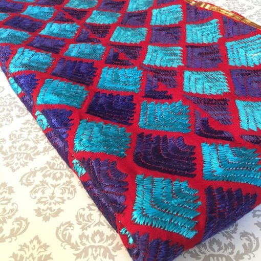 Traditional Phulkari Chunni - Red with Blue/Purple - Image 4
