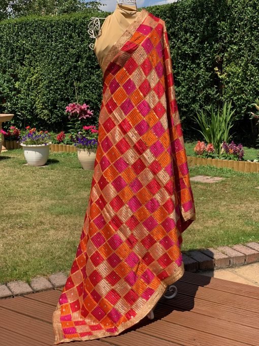 Heavy Stonework Phulkari Chunni Red/Orange