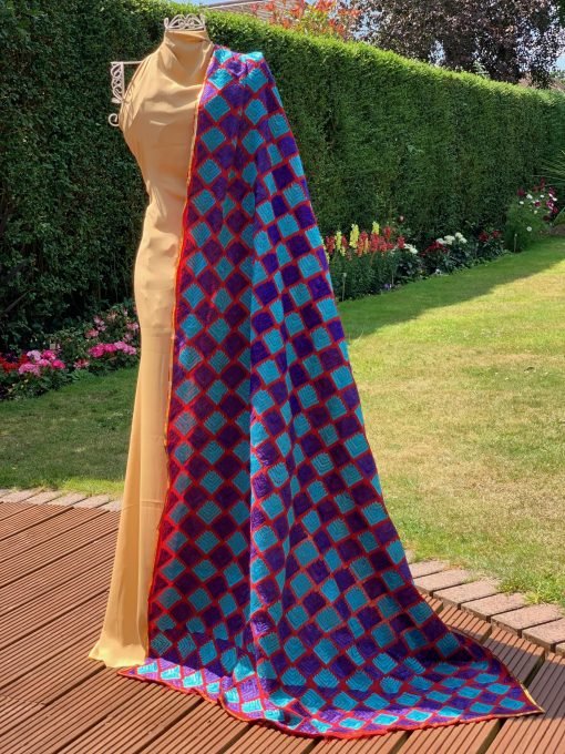 Traditional Phulkari Chunni - Red with Blue/Purple