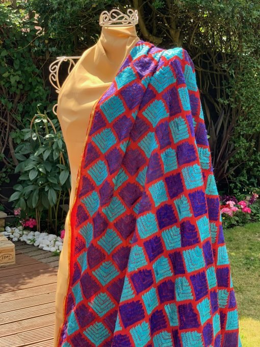 Traditional Phulkari Chunni - Red with Blue/Purple - Image 2