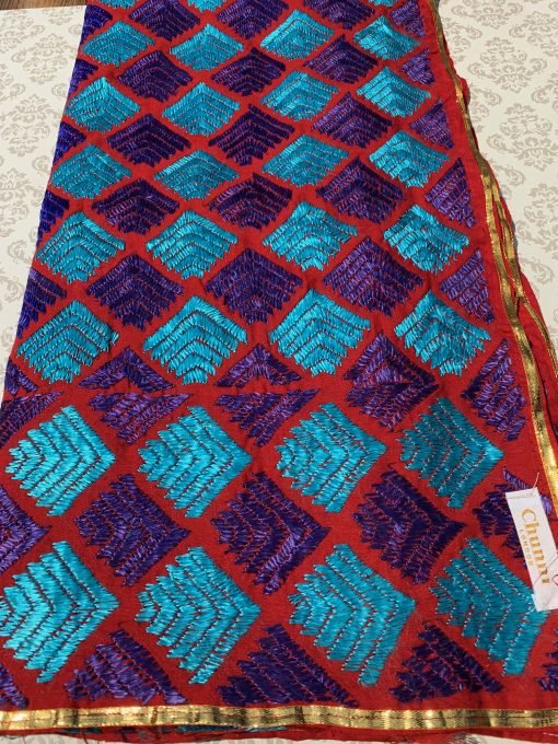 Traditional Phulkari Chunni - Red with Blue/Purple - Image 3