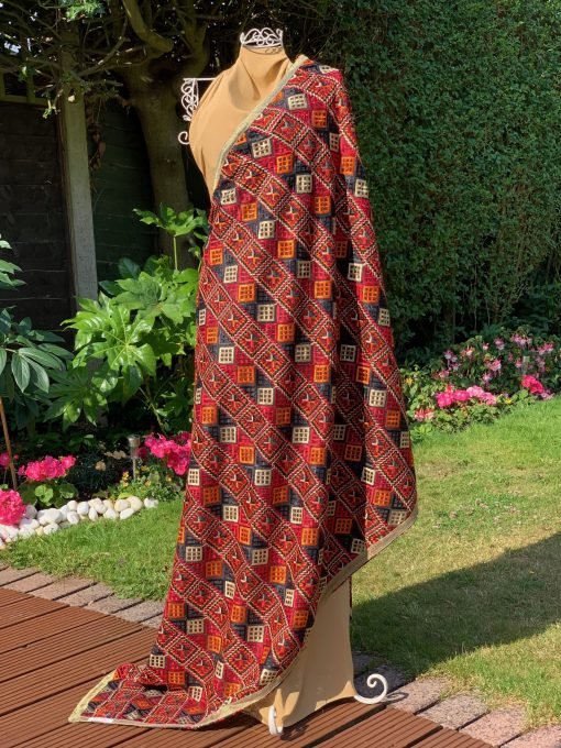 All Over Phulkari Chunni - Black/Orange/Red