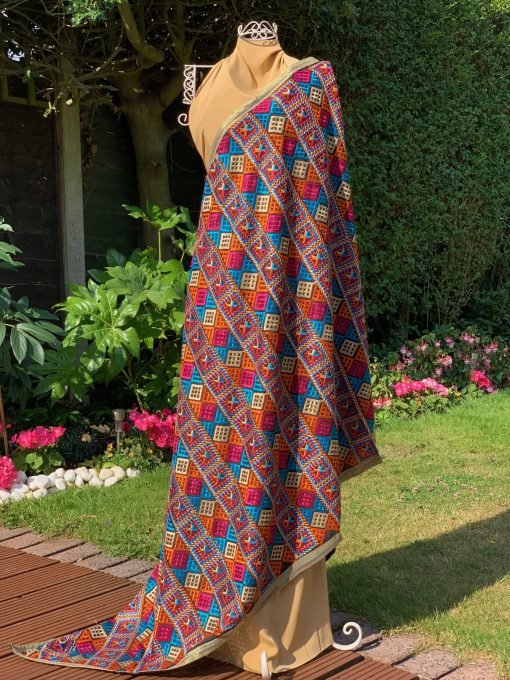 All Over Phulkari Chunni - Black/Orange/Blue