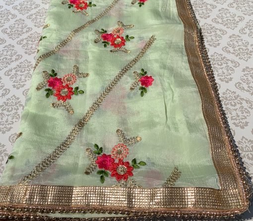 Flower Embroidery & Sequence Chunni - Sea Green - Image 5