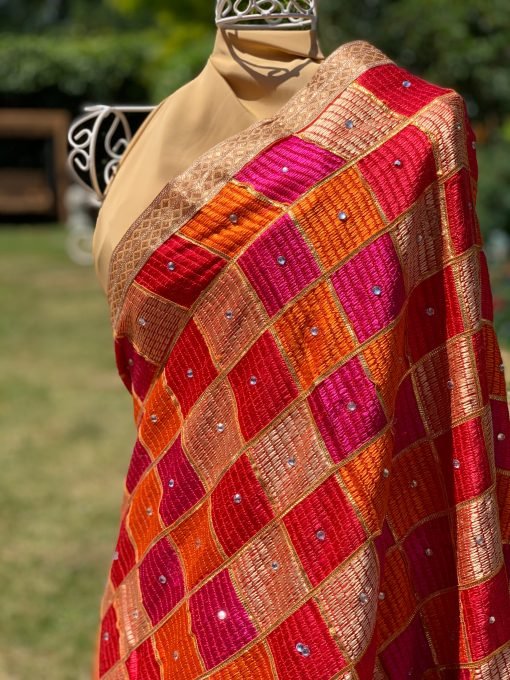 Heavy Stonework Phulkari Chunni Red/Orange - Image 2