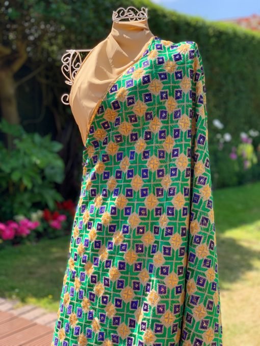 Traditional Phulkari Chunni - Cream with Green/Blue/Yellow
