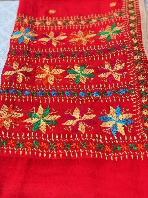 Pure Chiffon Silk Phulkari Chunni Red - Image 3