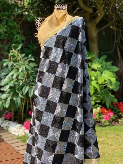 Checkered Phulkari Chunni - Black/Silver - Image 4