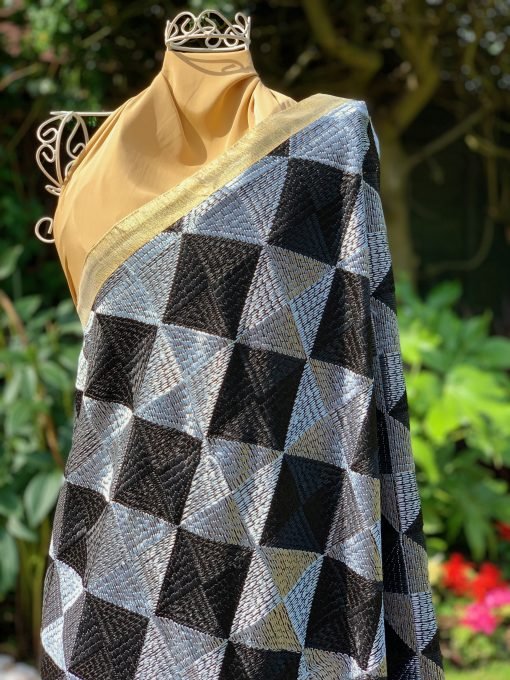 Checkered Phulkari Chunni - Black/Silver - Image 2
