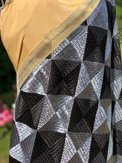 Checkered Phulkari Chunni - Black/Silver - Image 6
