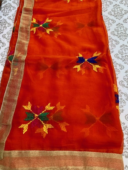 Light Phulkari Chunni - Orange - Image 3