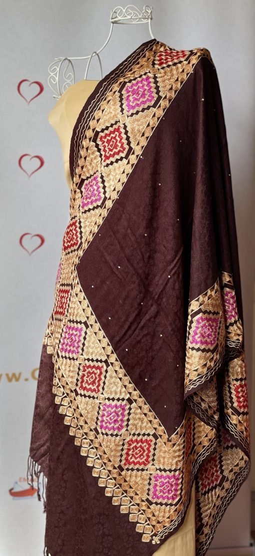 Embroidered Phulkari Shawl - Aubergine - Image 2