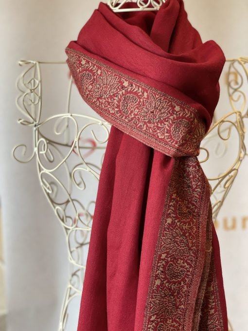 Self Printed Wool Shawl with Border Embroidery - Maroon - Image 3