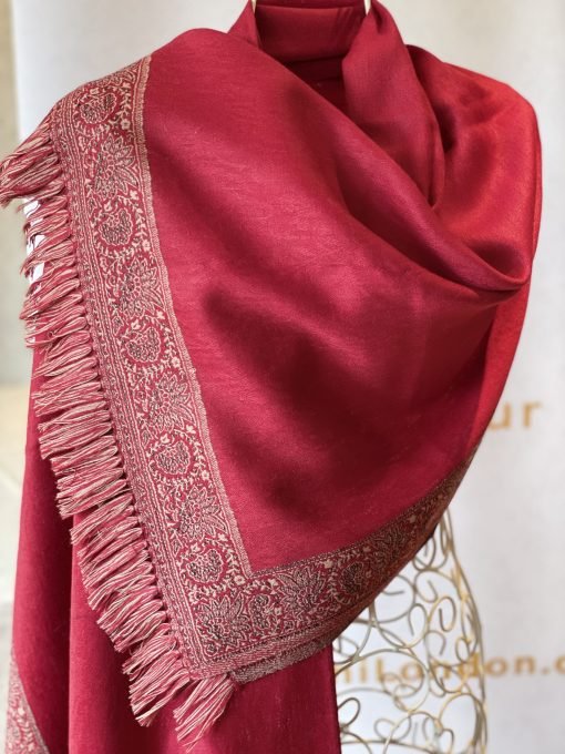 Self Printed Wool Shawl with Border Embroidery - Maroon