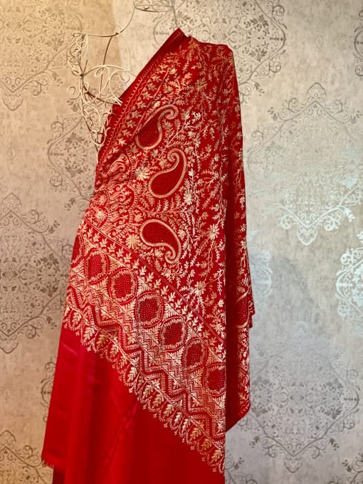 Nalki Embroidered Wool Shawl with Stonework - Red - Image 3