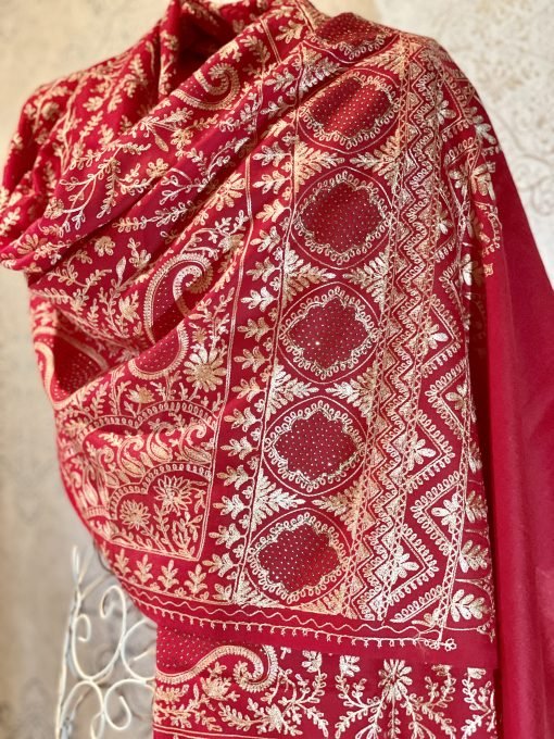 Nalki Embroidered Wool Shawl with Stonework - Red - Image 4