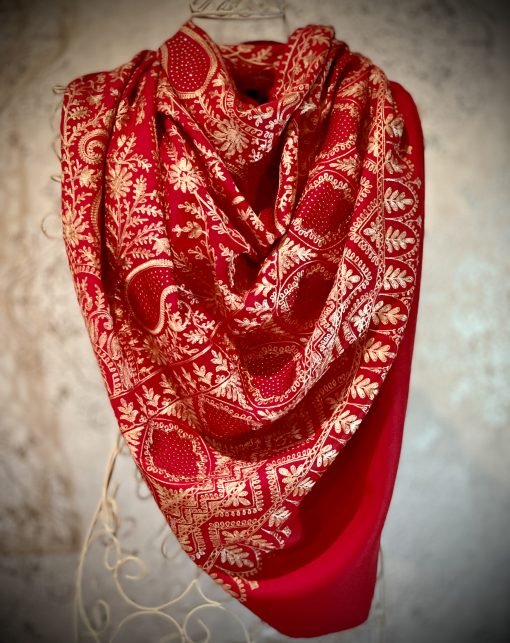 Nalki Embroidered Wool Shawl with Stonework - Red