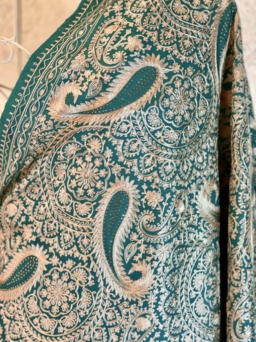 Nalki Embroidered Wool Shawl with Stonework - Green - Image 3