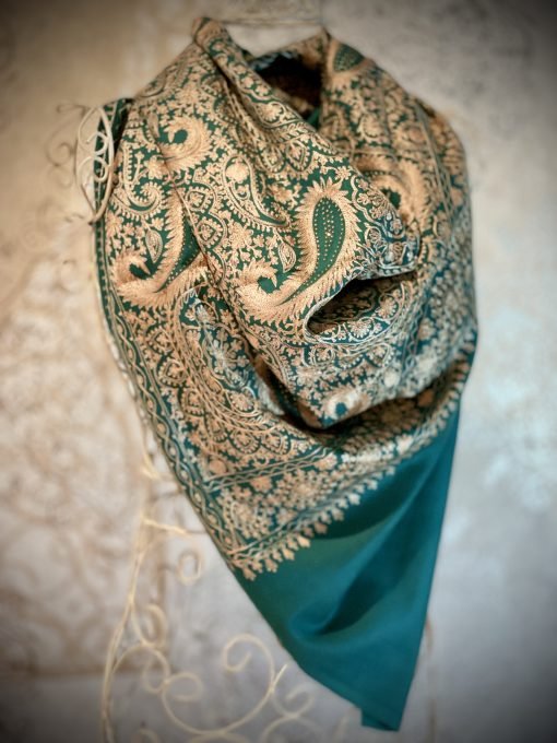 Nalki Embroidered Wool Shawl with Stonework - Green