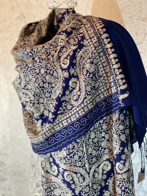 Nalki Embroidered Wool Shawl - Navy Blue - Image 3