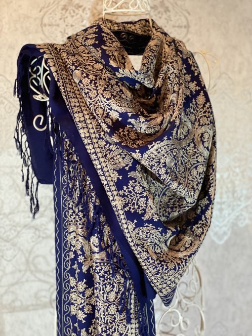 Nalki Embroidered Wool Shawl - Navy Blue