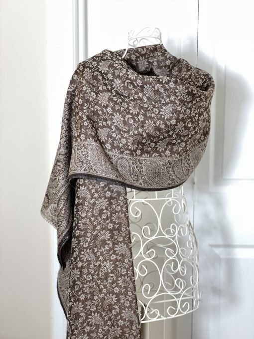 Fine Wool Ethnic Weave Reversible Stole Scarf - Brown/Cream - Image 2