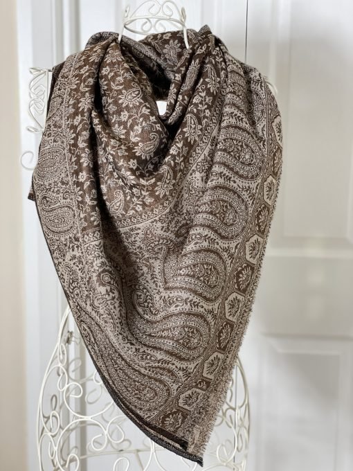 Fine Wool Ethnic Weave Reversible Stole Scarf - Brown/Cream - Image 3