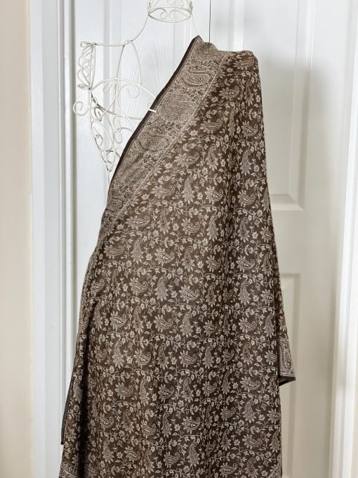 Fine Wool Ethnic Weave Reversible Stole Scarf - Brown/Cream - Image 4