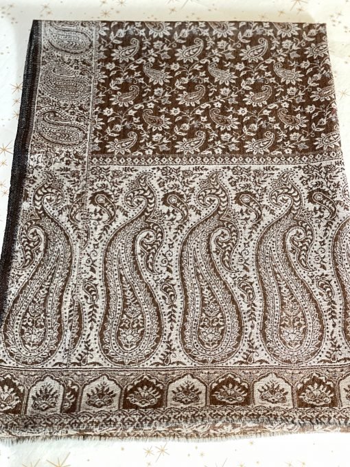 Fine Wool Ethnic Weave Reversible Stole Scarf - Brown/Cream - Image 7