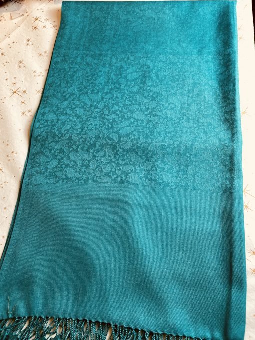 Wool Jacquard Self Printed Shawl - Turquoise - Image 4