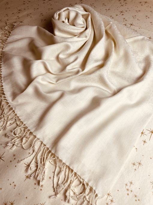 Wool Jacquard Self Printed Shawl - Cream - Image 6