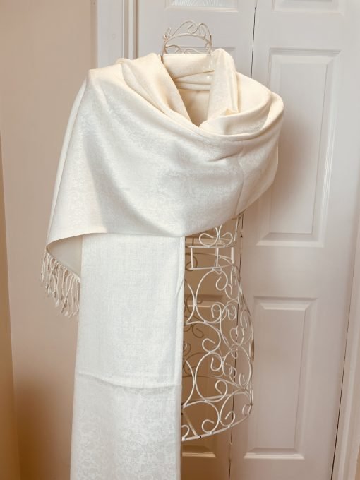 Wool Jacquard Self Printed Shawl - Cream - Image 2