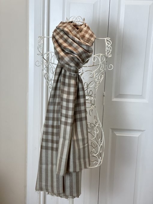 Woven Check Design Large Shawl (Lohi) Australian Merino Wool - Beige