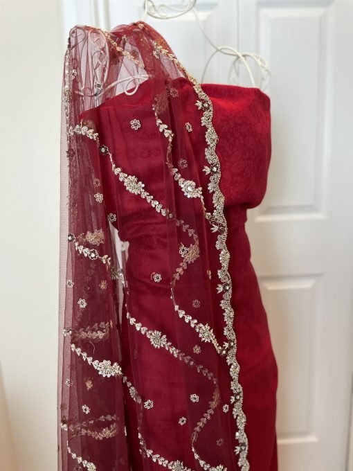 Vintage Heavy Embroidery Stone & Thila Net Chunni - Maroon - Image 4